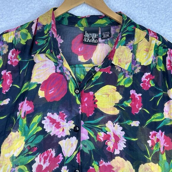 VTG 80's Jacque & Koko‎ Shirt Button Up 26/28 Floral Hawaiian Artsy Boho Sheer - Picture 2 of 14